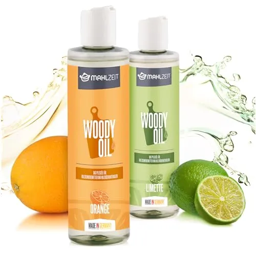 Mahlzeit WOODY OIL Holzpflege Set, Öl für Schneidebretter und Holzküchenutensilien | 2x 250 ml, Limettenduft + Orangenduft | 100% natürlich | Holzöl für Holzschneidebretter Arbeitsplatten Küche