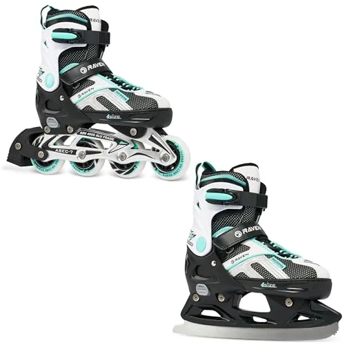 RAVEN Pulse 2in1 Schlittschuhe Inline Skates Inliner für Kinder und Erwachsene verstellbar (Black/Mint, 33-36 (20-22,5cm))