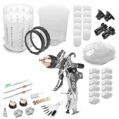 STAHLWERK HVLP Lackierpistolen-Set mit Mischbechern – Lackierpistole SG-250 ST mit Fließbecher, Reinigungs-Set, Düsensatz 1,4/1,7/2,0 mm, Druckluftpistole inkl. 25-teiligem Mischbecherset, 650 ml
