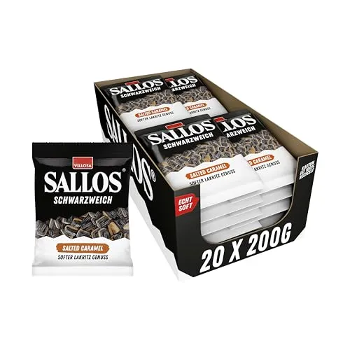 SALLOS Schwarzweich Salted Caramel Vorrats-Pack – Lakritz mit Schaumzucker und Salmiak-Salz, aus natürlichem Süßholzsaft, würzige Lakritz-Kombination, vegan, im Vorrats-Pack, 20 x 200 g