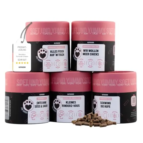 alphazoo Probierset Leckerli Hund I Bundle - Hundesnacks: 5 Sorten Ente, Rind, Pferd, Huhn & Fisch, naturbelassene hochwertige Trainingssnacks, natürliche Inhalte und höchste Qualität
