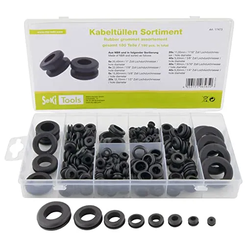 SeKi Gummi-Durchgangstüllen-Sortiment 180 Teilig, 8 verschiedene Abmessungen, Elektrische-Leiterdichtungen im Sortimentskasten Dichtungsringe O-Ringe, Schwarz