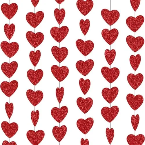 Herz Girlande Rot Herzen Deko Girlanden Glitzer Herzgirlande Hängedeko für Valentinstag Heiratsantrag Antrag Romantisch Dekoration - 6STK –