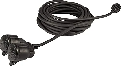 Meister Schutzkontakt-Verlängerung - mit Doppelkupplung - 10 m Kabel - Gummischlauchleitung - IP44 Außenbereich - schwarz / Kupplung mit Berührungsschutz / Schuko-Verlängerung / 7435030