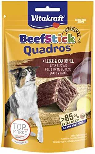 Vitakraft Beef Stick Quadros Plus Leber & Kartoffel - 7 x 70g - Hundefutter mit 7 Packungen à 70g, extra fleischig und zuckerfrei, ideal für eine gesunde Belohnung Ihres Hundes.