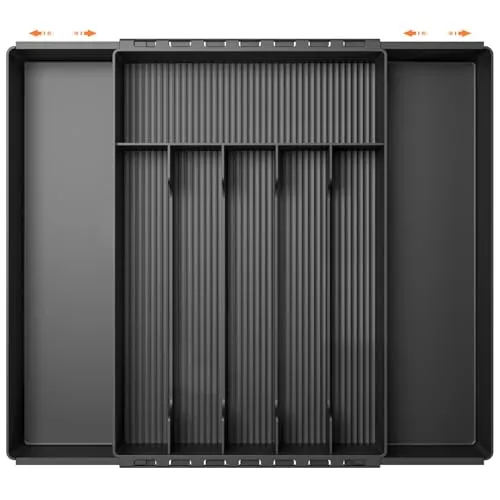 FERRGIA Besteckhalter für Schubladenutensilien,6-8 Fächern Verstellbarer Besteckeinsatz,Einstellbar Breite 216-388mm,Besteckkasten Schubladen,Langlebig und Sicher,für Löffel,Gabeln,Messer,Schwarz