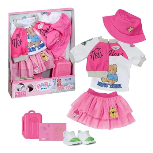 Baby Born Deluxe Reiseoutfit 43cm - Puppenkleidung für BABY born, inklusive Jacke, T-Shirt, Tüllrock, Schuhen und Hut – ideal für kleine Reisende und ihre Abenteuer!