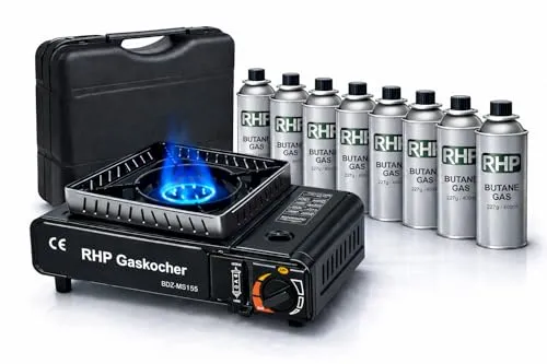 RHP Outdoor Gaskocher Campingkocher I Gasherd Kochfeld mit 8 Bajonett Gaskartuschen – für Camping Reisen Urlaub Wandern Picknick Garten – mit praktischem Koffer