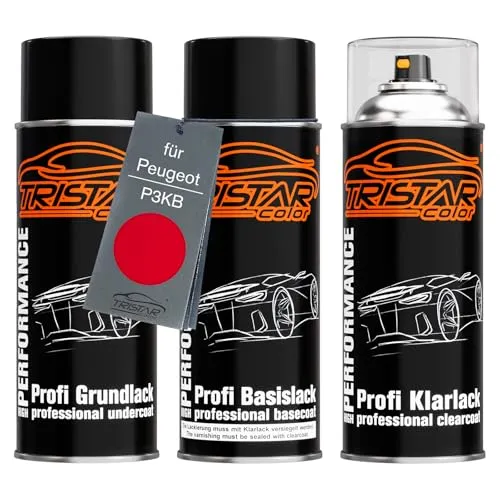 TRISTARcolor Autolack Spraydosen Set für Peugeot P3KB Rouge Vallelunga/Granada Rot Grundlack Basislack Klarlack Sprühdose 400ml
