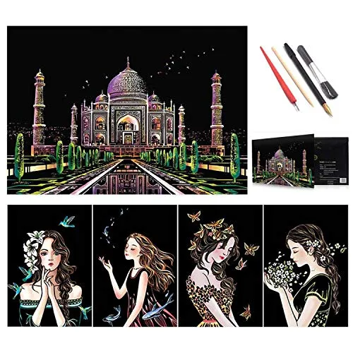 Kratzkunst für Erwachsene,Kratzbilder,Regenbogen-Malerei,Skizze,Kratzbrett-Kunst für Erwachsene und Kinder,DIY Kunst Zeichnung City Night View Schwarz Beschichtet Bunte Kratzpapier mit 4 Werkzeugen