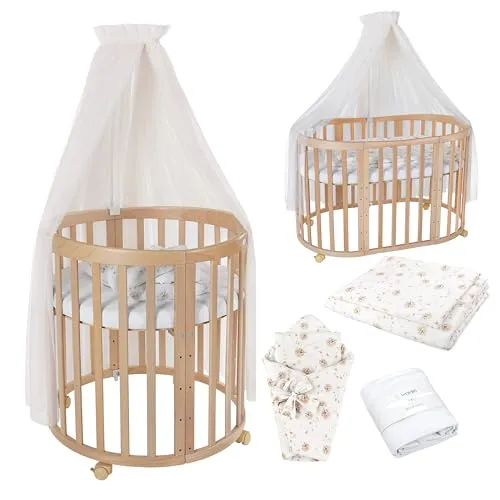 Waldin Babybett OWAL 7in1 - Mitwachsendes Holz-Babybett - Gitterbett aus naturbelassenem Holz, inklusive Matratze und Zubehör. Ideal ab Geburt, mit 7 Funktionen für eine lange Nutzung.