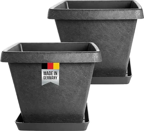 SUSTANIA Blumentopf Premium Pflanztopf mit Untersetzern (2er Set 40x40 cm), Anthrazit Pflanzkübel eckig