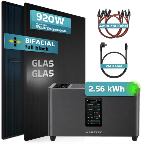 SUNNIVA® 920W Balkonkraftwerk mit 2,24kWh Speicher - Kompaktes Balkonkraftwerk mit 920W Leistung und 2,56 kWh Speicher. Ideal für Balkon und Terrasse. Bifaziale Module maximieren die Energieausbeute durch Sonnenlicht von beiden Seiten.