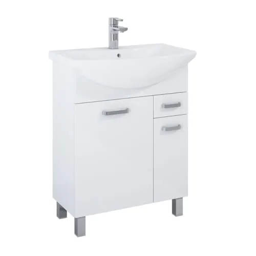 VBChome Badmöbel 66x44x84 cm Weiß Waschbecken mit Hahnloch Badezimmerschrank 2 Türen 1 Schublade Soft Close System Modern