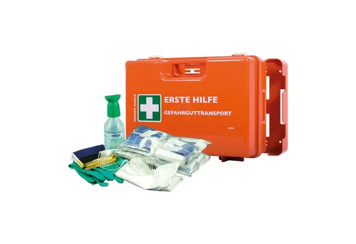 Gramm Medical Verbandkoffer für Gefahrguttransporte - Erste-Hilfe-Koffer mit DIN 13 164, schlag- und bruchfester Koffer aus ABS-Kunststoff, ideal für Gefahrguttransporte und ausgestattet mit mehrsprachigen Illustrationen für einfache Handhabung.