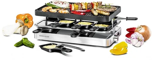 ROMMELSBACHER RC 1400 Raclette - Vielseitiger Raclette Grill mit Antihaftbeschichtung, Wendeplatte und 8 Pfännchen für genussvolle Tischabende