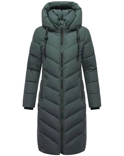 Navahoo Damen Wintermantel Warmer Langer Steppmantel mit Abnehmbarer Kapuze Sahnekatzii XIV Stone Green Gr. XS