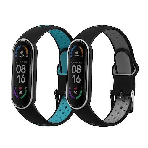 kwmobile 2x Uhrenarmband für Xiaomi Mi Smart Band 6 / Mi Band 6 / Band 5 Armband - Fitnesstracker Band Set aus TPU Silikon - Ersatzarmband Smartwatch - Schwarz Grau Schwarz Blau