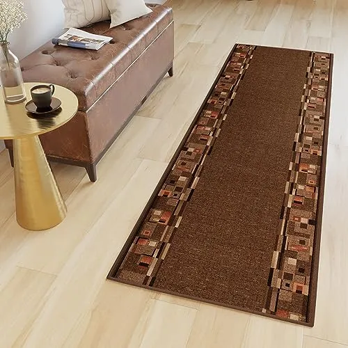 TAPISO Anti Rutsch Teppich Läufer rutschfest Brücke Meterware Modern Braun Orange Vierecke Figuren Design Flur Küche Wohnzimmer 80 x 260 cm