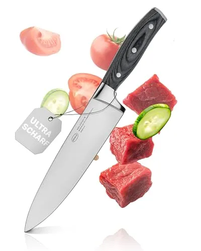 RÖSLE Kochmesser WOLFGREY 20 cm – Universelles Küchenmesser für Fleisch, Fisch und Gemüse - Hochwertiges Kochmesser mit extrem scharfer Klinge aus X50CrMoV15 Stahl, ideal für präzises Schneiden und Hacken. Ergonomischer Pakkaholzgriff für besten Halt und Komfort.