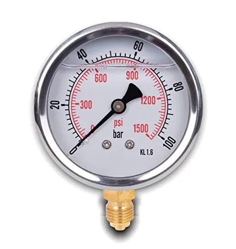 Glyzerin Manometer mit radialem Anschluss, IP65 Edelstahl 63 mm mit unterem Anschluss, 1/4 Glyzerin (0-100 bar)