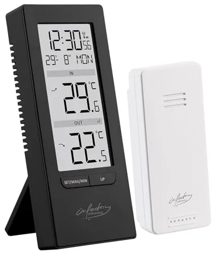 infactory Digitale Temperaturstation: Innen- und Außenthermometer mit Funkuhr - Außenthermometer mit gleichzeitiger Innen- und Außentemperaturanzeige, präzise Messung und Funkuhr mit automatischer Zeitsynchronisation.