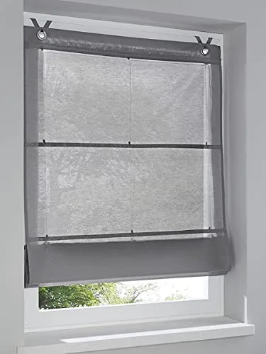 Raffrollo Kessy Bessy grau 60 * 140 cm - Ösen Raffrollo in grau, halbtransparent und pflegeleicht, ideal für eine einfache Montage ohne Schrauben oder Bohren. Perfekt für jedes Fenster!
