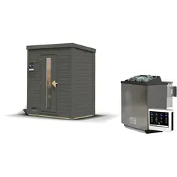 Karibu Gartensauna Saunahaus Hytti 0 terragrau Energiesparende Saunatür 9 kW Bio-Kombiofen inkl. Steuergerät