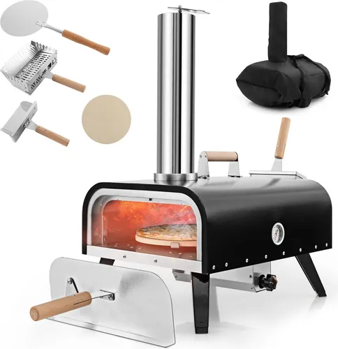 COSTWAY Outdoor Pizzaofen tragbar - Edelstahl Pizzaofen mit Pizzastein - Grill & BBQ: Manuell drehbarer Pizzastein für gleichmäßiges Kochen, heizt in nur 8 Minuten auf und ist mit klappbaren Beinen und Tragetasche ideal für unterwegs.
