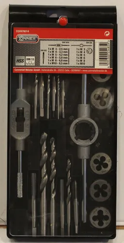 Connex C0X676014 Gewindeschneidwerkzeug-Satz, 20-tlg - Hochwertiger Gewindeschneidwerkzeug-Satz aus HSS-Stahl, ideal für präzise Gewindearbeiten in der Metallbearbeitung.