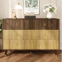 Kommode Aus Mdf Und Spanplatte In Natur 120 X 40 X 81 Cm, 6 Schubladen, Zweifarbige Holzoptik