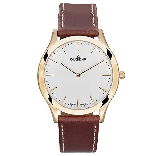 Dugena Herren Quarz-Armbanduhr, Saphirglas, Lederarmband, Edelstahlgehäuse, Flatliner, Gold/Braun, 4460907