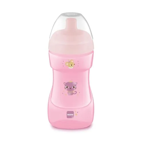 MAM Sports Cup (330 ml), auslaufsicherer Baby Trinkbecher mit selbstöffnendem Ventil, Kinder Trinkbecher mit rutschfester Greiffläche, ab 12+Monaten, Katze