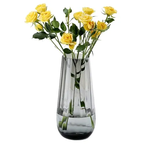 JAKY-Global Glas Vase Modern Groß, Konische Gerippte Blumenvase 25,0cm Hoch Glasvase Heimdekoration Tischdeko für Büro Wohnzimmer Hochzeiten Party Events(Grau)