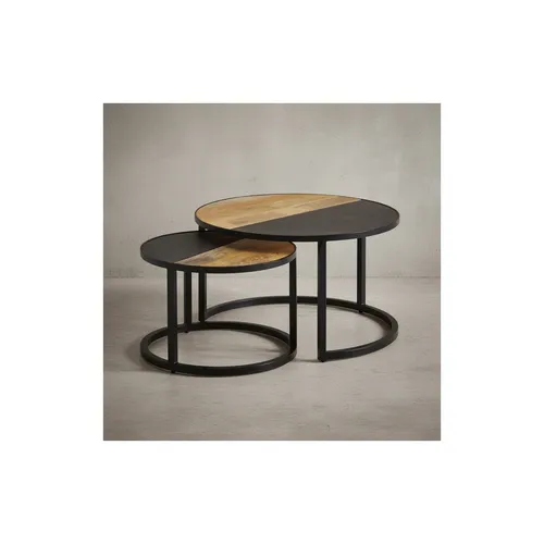 Runde Couchtische, 2er Set aus Mango Massivholz und Steinoptik - Moderne Couchtische, 60x60x36 cm, aus robustem Mango Massivholz und stylischer 3D-Kunststoffbeschichtung in Gesteinsoptik, ideal für ein elegantes Wohnzimmer.