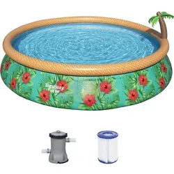 Bestway Fast Set Pool - Paradise Palms 457x84cm mit Filterpumpe - Swimmingpool mit integriertem Palmen-Wassersprinkler für tropischen Spaß. Schneller Auf- und Abbau, robustes DuraPlus-Material und inklusive leistungsstarker Filterpumpe für kristallklares Wasser.