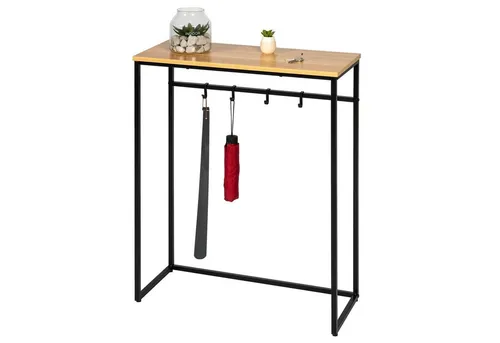 eluno Konsolentisch aus Metall mit Holzablage - Konsolentisch fürs Wohnzimmer, vielseitig einsetzbar mit 4 Haken und höhenverstellbaren Füßen, ideal für Dekoration und Ordnung im Flur oder Esszimmer.