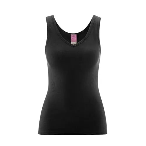 Living Crafts - Janine | V-Neck-Trägertop - Bequemes Feinripp-Design, ohne Seitennähte, Tiefer V-Ausschnitt, hochwertig und nachhaltig 100% Bio-Baumwolle (44/46, Black)