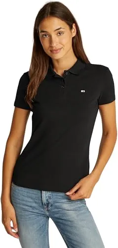 Tommy Jeans Damen Poloshirt Kurzarm Slim Essential Stretch, Schwarz (Black), S