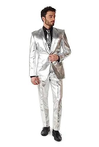 OppoSuits Fun Ugly Christmas Suits for Men - Full Suit: Jacket, Pants & Tie, Silbern glänzend, 62