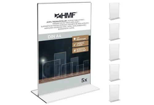 HMF Bilderrahmen Acryl Tischaufsteller DIN A4, Doppelseitiger T-Ständer (5 St) - HMF Tischaufsteller aus kratzfestem Acryl, ideal für die beidseitige Präsentation von Informationen im DIN A4 Hochformat. Perfekt für Messen, Gastronomie und Veranstaltungen – sicherer Stand und modernes Design.