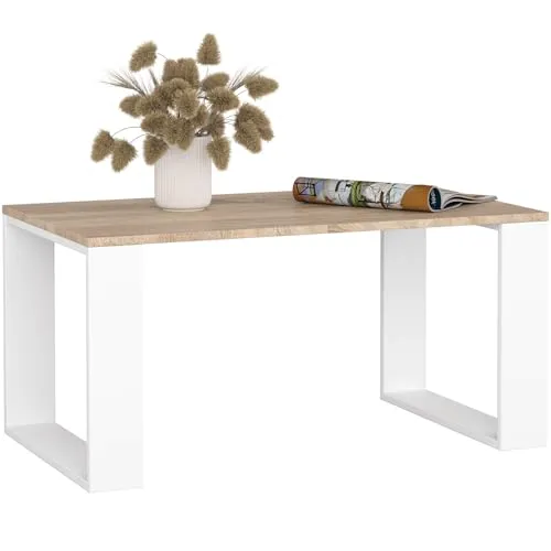 AKORD Couchtisch Holz NOX mit Regal, 92x45x53cm - Beistelltisch fürs Wohnzimmer, minimalistisches Design in Sonoma-Eiche & Weiß, ideal als Couchtisch oder Ablagefläche, sorgt für optische Leichtigkeit und Langlebigkeit.