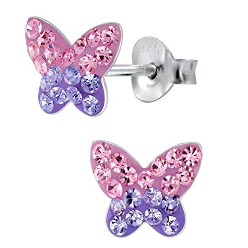 Damen Mädchen Ohrstecker 925 Sterling Silber Schmetterling kleine Kinder Ohrringe (K935o / lila rosa)