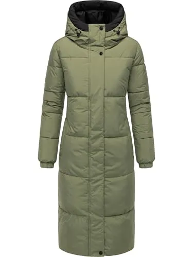 Navahoo Damen langer Wintermantel warmer Steppmantel mit 2-Wege-Reißverschluss und verstellbarer Kapuze Taublüte XIV Olive Leaf Gr. XXL
