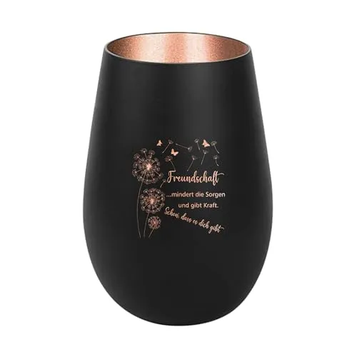 Der-Porzellan-Laden Windlicht mit Gravur Freundschaft mindert die Sorgen, Schwarz Bronze, Teelichthalter aus Glas mit Spruch, Tischdeko modern