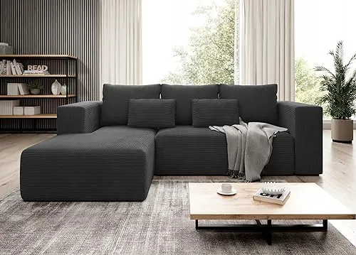 Easy4You Ecksofa Graphit Stripes L Kord L-Form – 255x73x161 cm - Schlafsofa mit Bettkasten und Schlaffunktion - Eckcouch mit Stauraum – Stoff Kord POSO 34