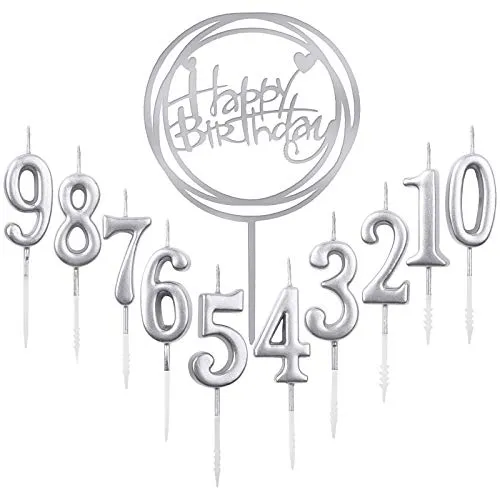 Stück Nummer 0-9 Geburtstag Ziffer Kuchen Kerzen + 1 Stück Brief Alles Gute zum Geburtstag Glitter Cake Topper Dekoration Kuchen Nummer Digitale Kerzen für Hochzeit (Silber) 10