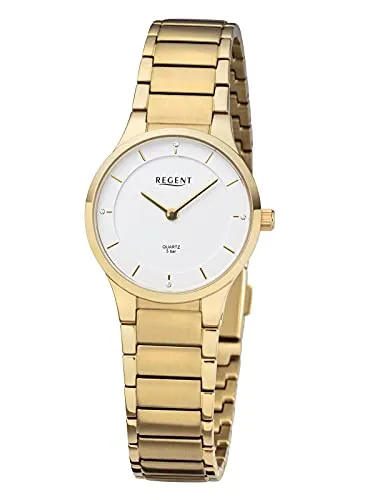 REGENT Damenuhr F-1312 mit Edelstahlband und Zirkonia - Elegante Armbanduhr für Damen mit 28 mm Durchmesser, goldfarbenem Edelstahlband und 4 funkelnden Cubik Zirkonia. Spritzwassergeschützt und mit hochwertigem Miyota Quarzwerk ausgestattet.