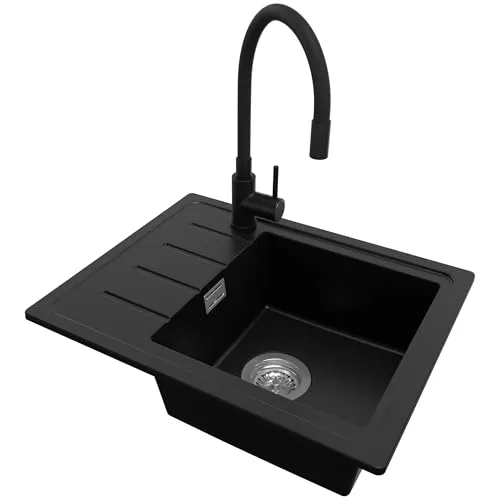 PRIMAGRAN Granitspüle Schwarz 55x44cm mit Küchenarmatur und Ablauf-Set
