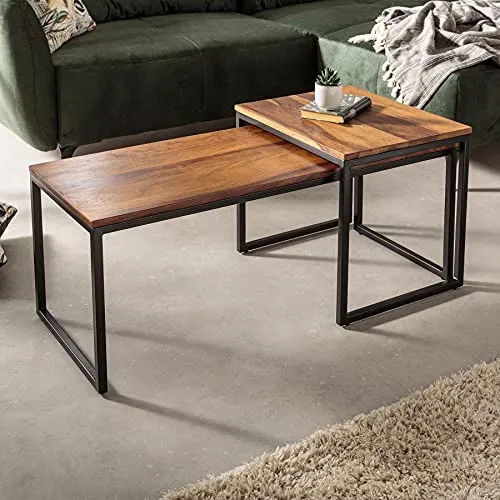 Riess Ambiente 2er Set Design Couchtisch Elements 100cm Sheesham Stone Finish Metallgestell Wohnzimmertisch Tisch